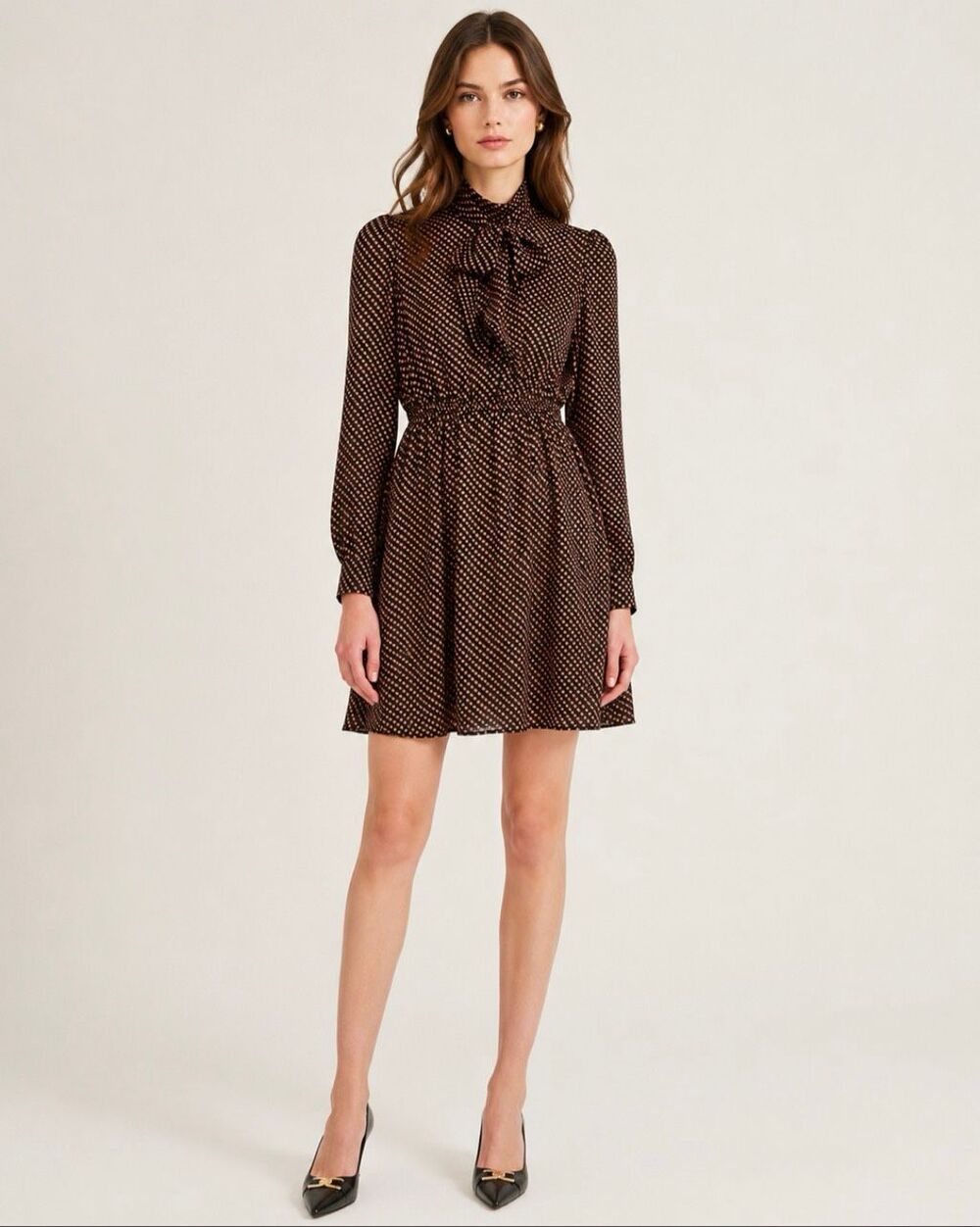 Tara Jarmon Brown Black Polka Dot Bow Tie Long Sleeve Fit Flare Mini Dress 6